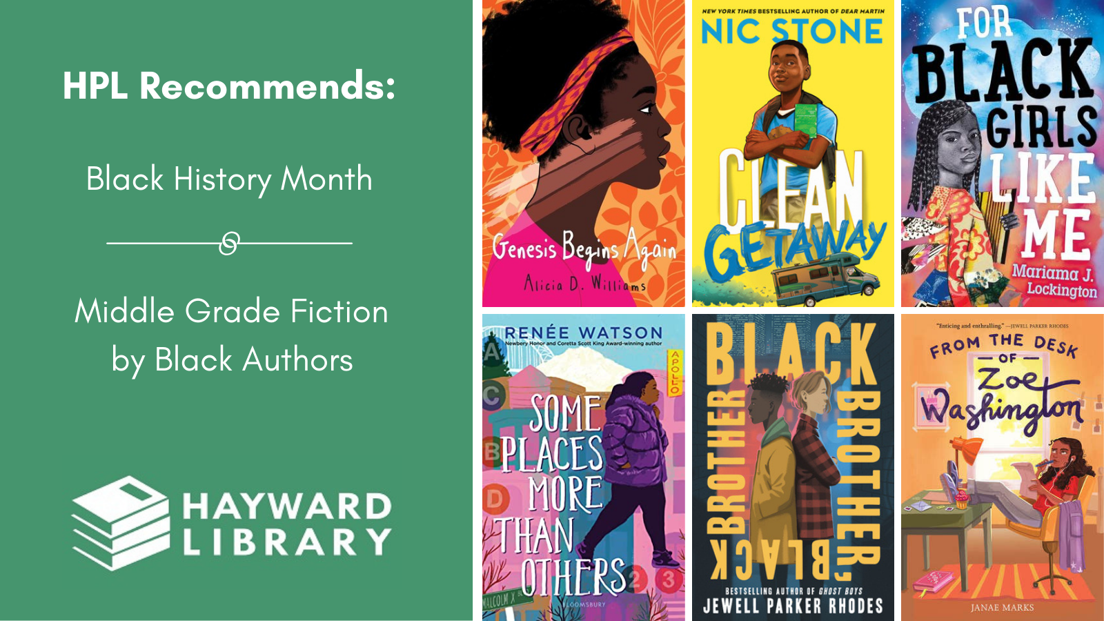 Collage of book covers with a green block on left side that says HPL Recommends, Black History Month, Middle Grade Fiction by Black Authors in white text, with Hayward Library logo below it.