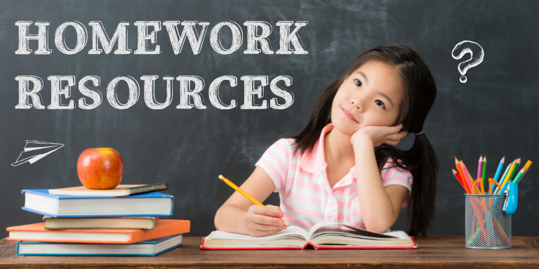 A young girl in pigtails sitting at at desk in front of a chalkboard with the text "Homework Resources" written in chalk.