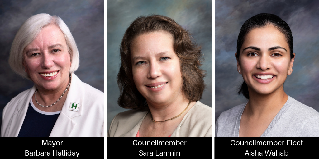 Photos of Mayor-elect Barbara Halliday, Councilmember-elect Sara Lamnin and Councilmember-elect Aisha Wahab