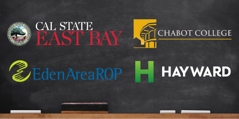 Cal State East Bay, Eden Area ROP, Hayward, and Chabot College logos on a black chalkboard background.