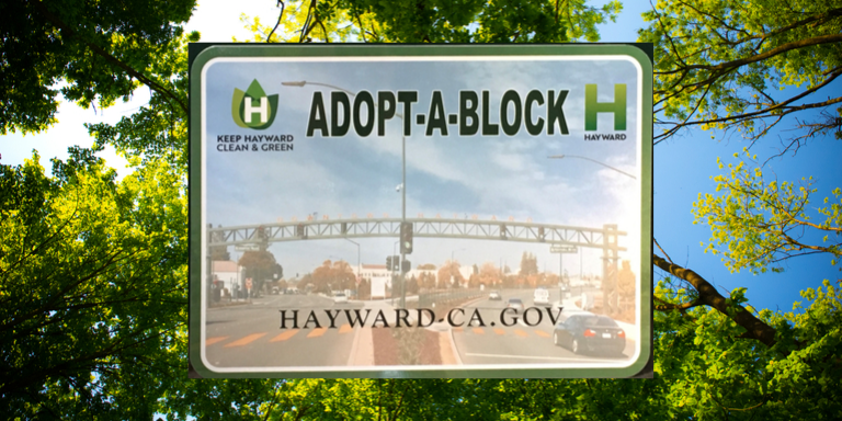 Adopt-a-Block Program sign on a background of green trees and a blue sky