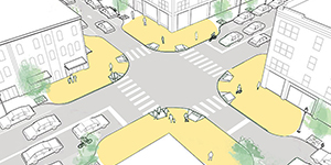 Line drawing of four bulbouts at an intersection