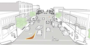 A forced turn island on a downtown street