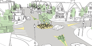 A roundabout in the middle of a residential neighborhood