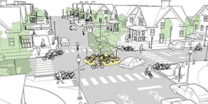 A traffic circle in a residential neighborhood