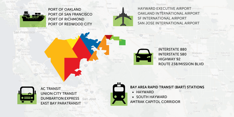 Map of Hayward showing transportation options. The Hayward map logo is in the center
