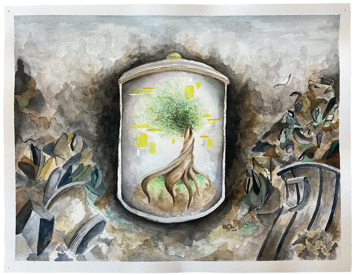 Artwork of a landfill with a plant growing