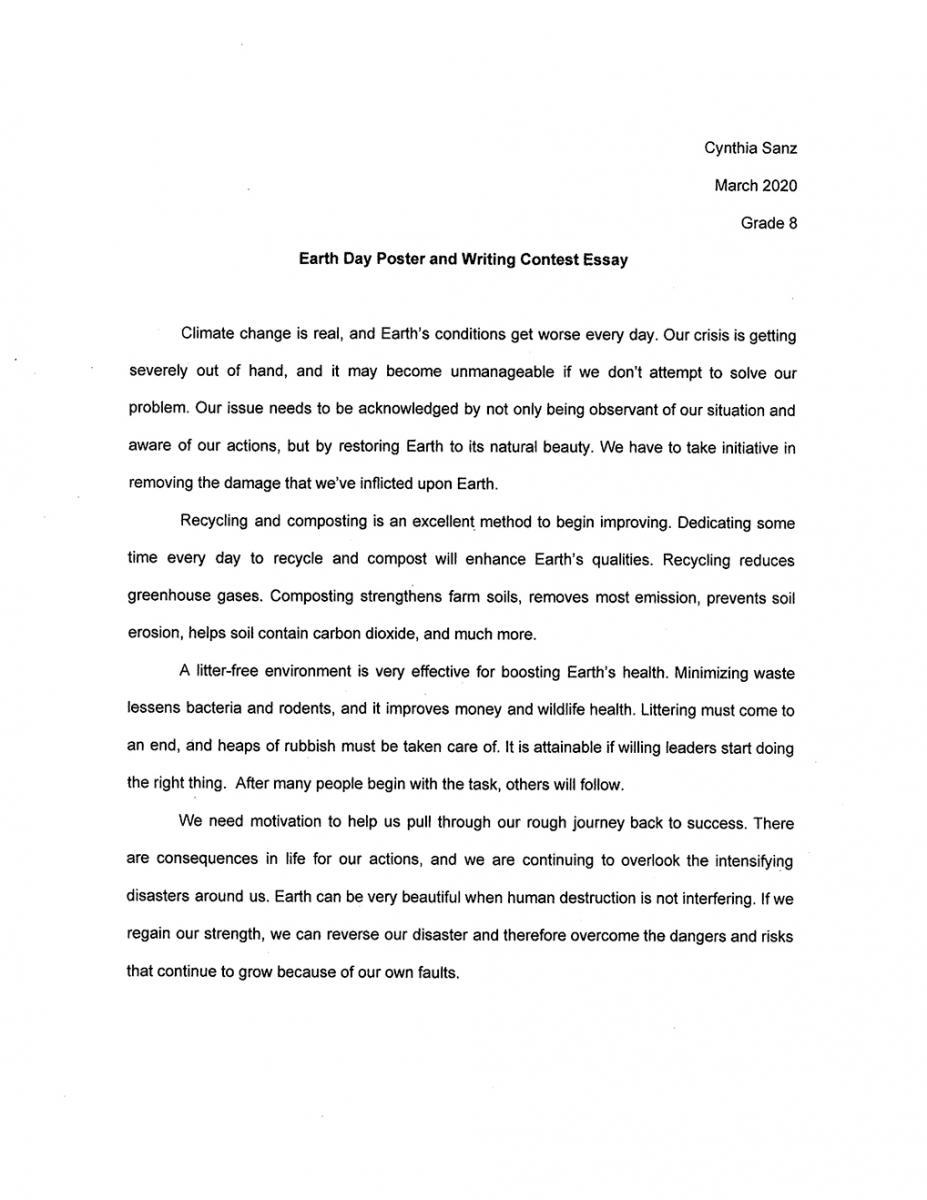 Text of essay that won first place in the 6-8 category