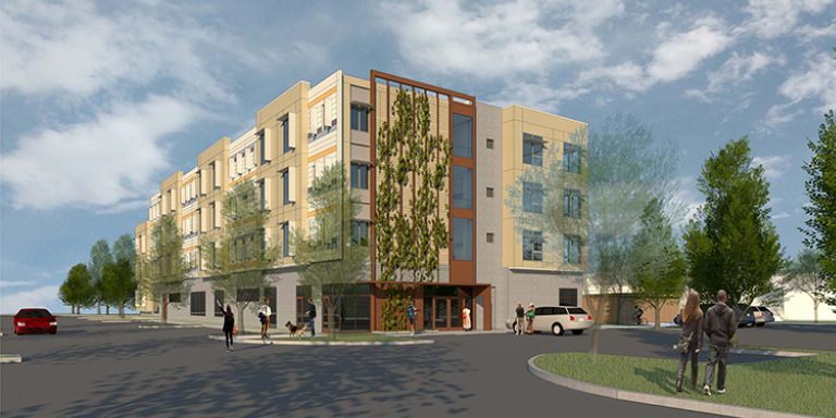 A rendering of the future apartment complex on Depot road, a beige square building with trees surrounding it.