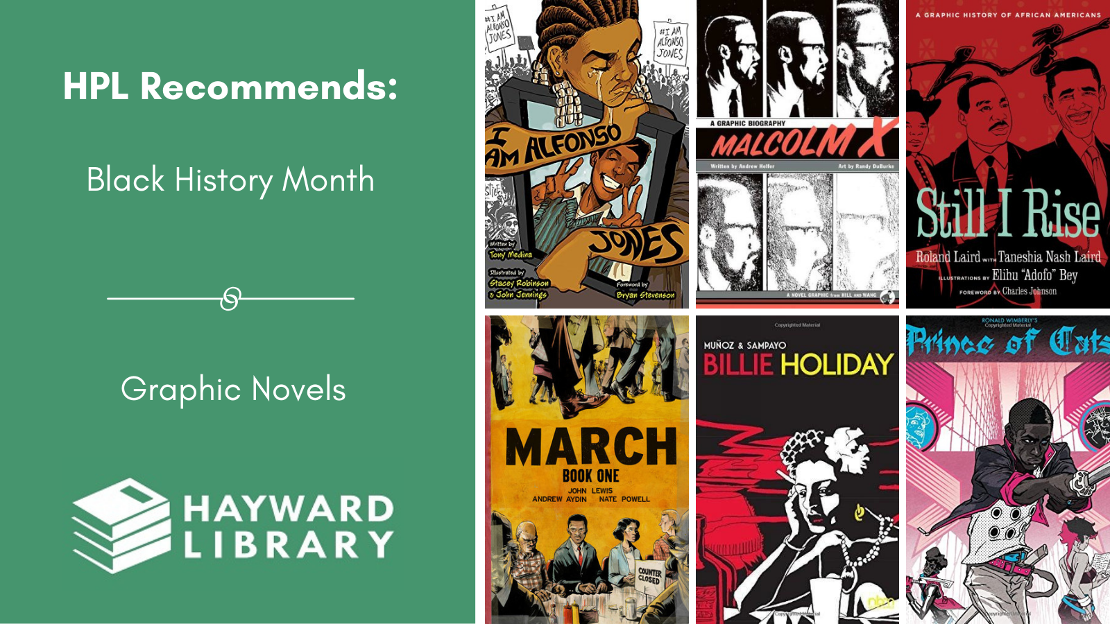 Collage of book covers with a green block on left side that says HPL Recommends, Black History Month, Graphic Novels in white text, with Hayward Library logo below it.