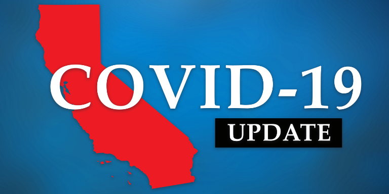 Red graphic of California on a blue background. Text reads: COVID-19 Updates