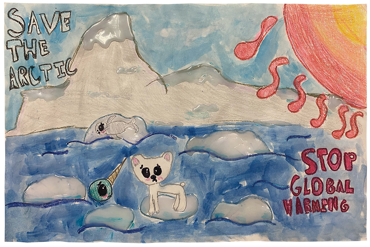 Artwork of saving the arctic with glaciers and arctic animals