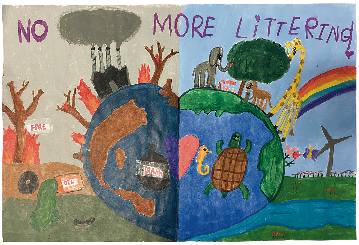 Artwork about not littering, depicts half of the early healthy and the other half polluted