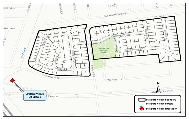 Photo of the divided parcels that the City will be asking input from. These include properties on Rosecliff Ln, Sebring Ct, Gillingham Ln, Canterbury Ln, Stonebrook Ln, Chutney Rd, and Bowhill Rd.