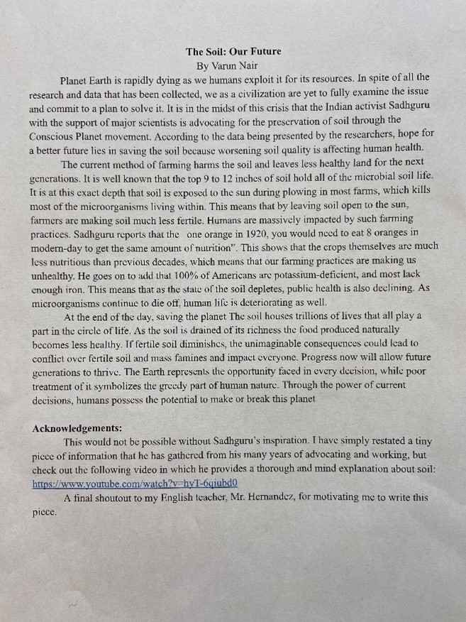 Varun Nair  2nd Place Winner Writing Contest (High School)