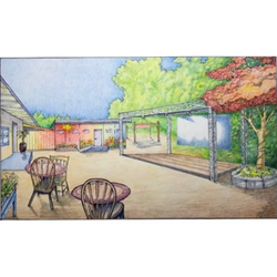 Watercolor illustration of an open space with a stage and a few tables.