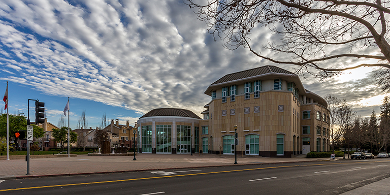 Hayward City Hall on a partly cloudy day