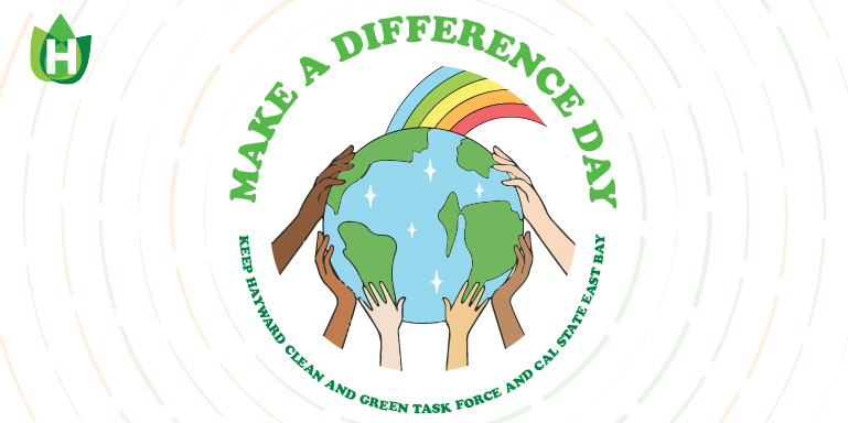 Graphic with illustration of Earth with hands with different skin tones surrounding it and a rainbow up top. Text reads: Make a Difference Day.