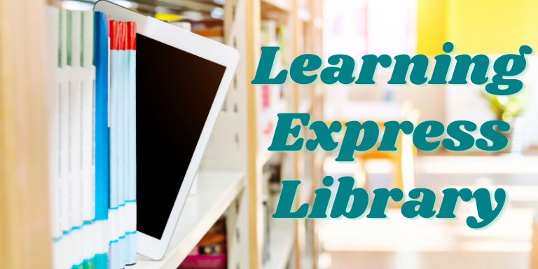 An IPad in between books on a library shelf next to the text: Learning Express Library