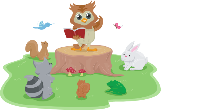 A cartoon owl reading to woodland creatures