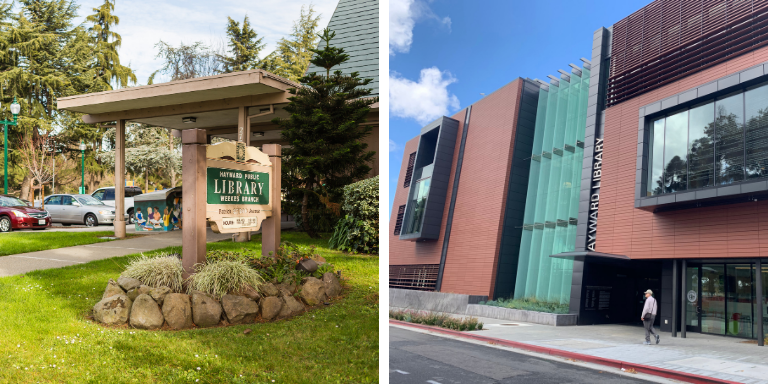 On the left the Weekes Branch Library sign. On the right the front of the Downtown Hayward Library