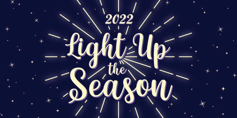 Illustration of a spark with text that says Light Up the Season on a dark blue background