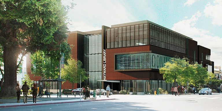 Rendering of the Hayward 21st Library and Community Learning Center during the day from Mission Blvd. 