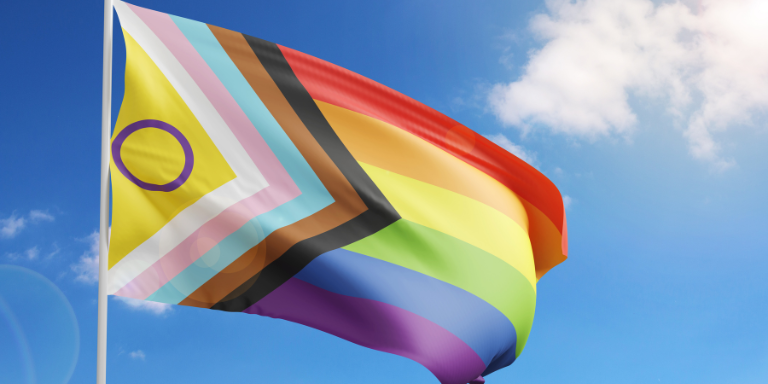 Photo of the Intersex-Inclusive Pride flag against a blue sky.