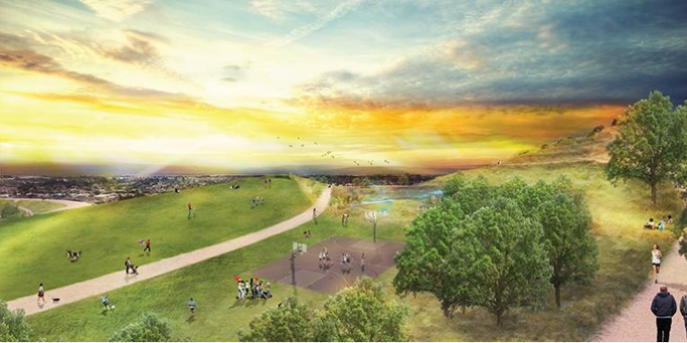 Illustrative rendering of a completed La Vista Park. The art shows a large grassy lawn cut through with a trail facing a sunset.