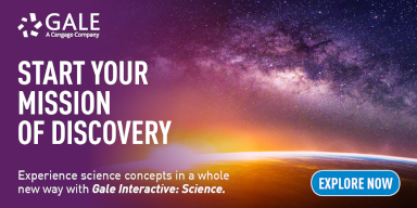 Gale logo against outer space background with text "Start your mission of discovery: Experience science concepts in a whole new way with Gale Interactive: Science