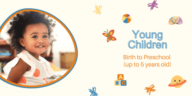A baby smiling and the words "Young Children: Birth to Preschool (up to 5 years old)"