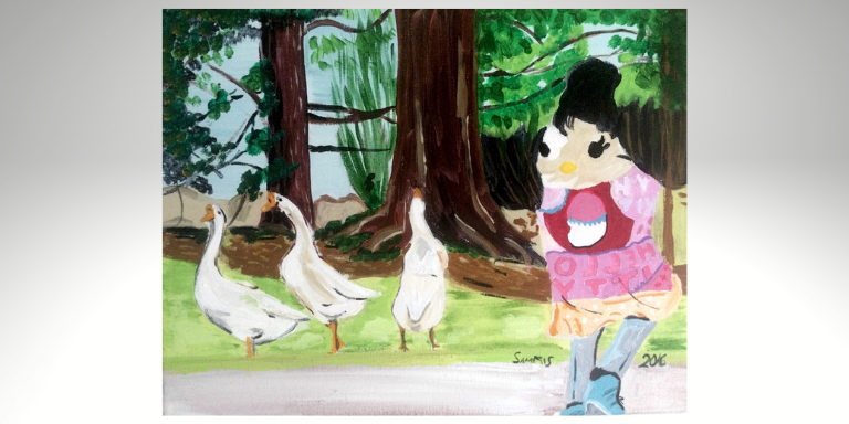 A colorful painting of a girl with two geese. The artist is Sarah Sammi.