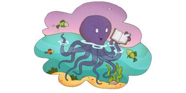 A cartoon octopus reading a book