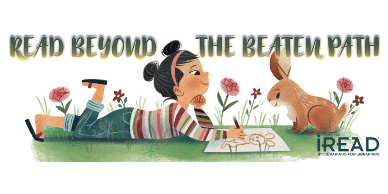 A child lying in a field doodling a bunny while a rabbit looks on, rendered in cartoon style. The words Read beyond the beaten path. iRead by Librarians for Librarians