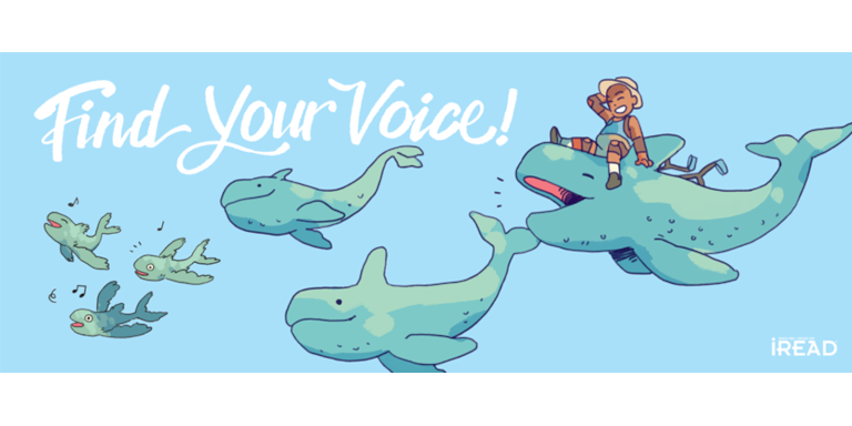 A group of whales, one being ridden by a child, the words Find Your Voice! and the iRead logo