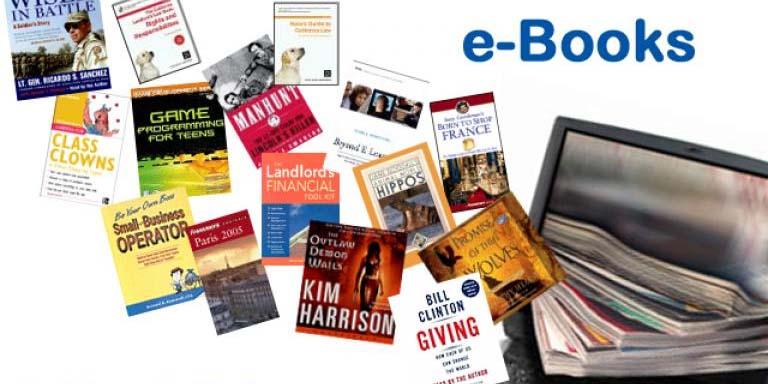 Book covers, a laptop computer, and the word e-Books