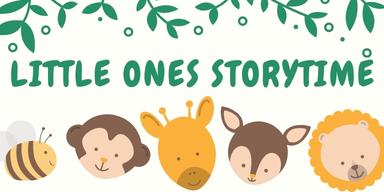 Leaves and cartoon animals with the words "Little Ones Storytime"