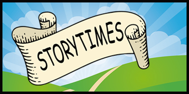 An unfurled banner with the word "Storytimes"