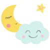 A sleepy moon and cloud next to a smiling star