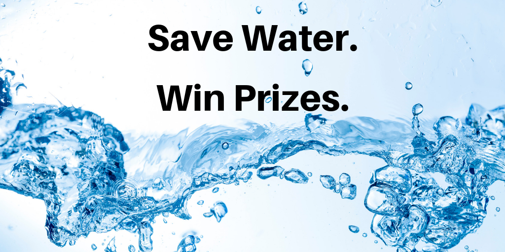 Blue water splashing on a white background. The words " Save Water, Win Prizes" is written on top.