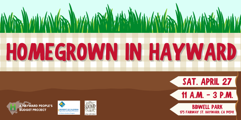 Homegrown in Hayward illustration of grass, a ribbon, and dirt with logos of involved agencies.