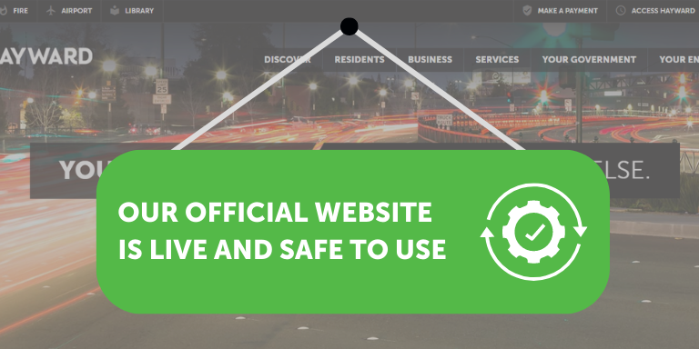City of Hayward website with a green banner indicating it is back online. 