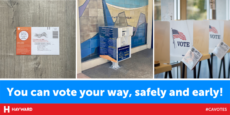 A ballot envelope, a ballot drop box and a row of voting cubicles.