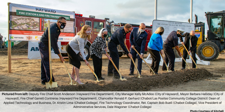 Pictured from left: Deputy Fire Chief Scott Anderson (Hayward Fire Department), City Manager Kelly McAdoo (City of Hayward), Mayor Barbara Halliday (City of Hayward), Fire Chief Garrett Contreras (Hayward Fire Department), Chancellor Ronald P. Gerhard (Chabot/Las Positas Community College District) Dean of Applied Technology and Business, Dr. Kristin Lima (Chabot College), Fire Technology Coordinator, Ret. Captain Bob Buell (Chabot College), Vice President of Administrative Services, Dale Wagoner (Chabot College)