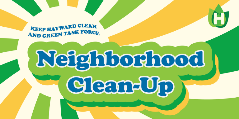 A green and yellow sunburst with the text Neighborhood Clean-up