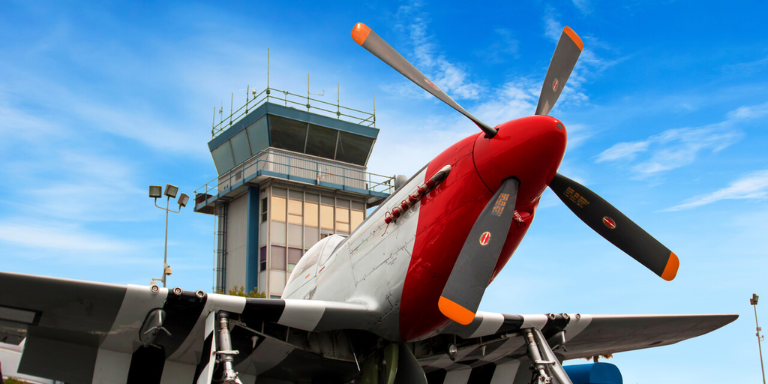 Photo of a propeller plane.