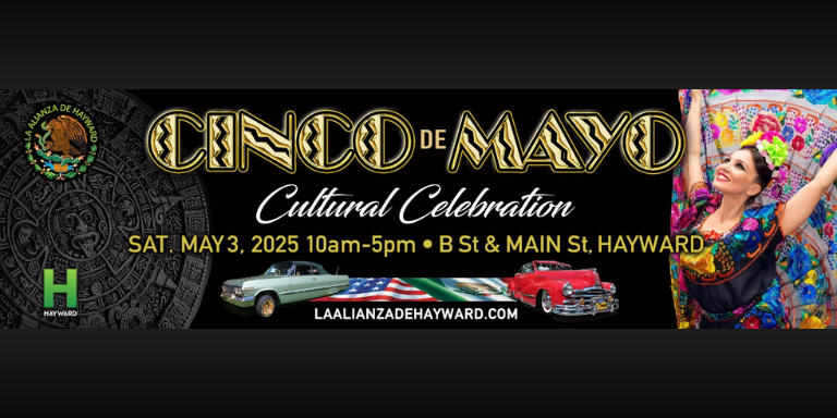 Banner for Cinco de Mayo 2025 a dancer and classic cars are featured