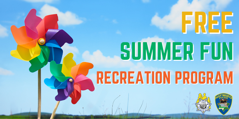 Two brightly colored pinwheels next to the text: Free Summer Fun Recreation Program