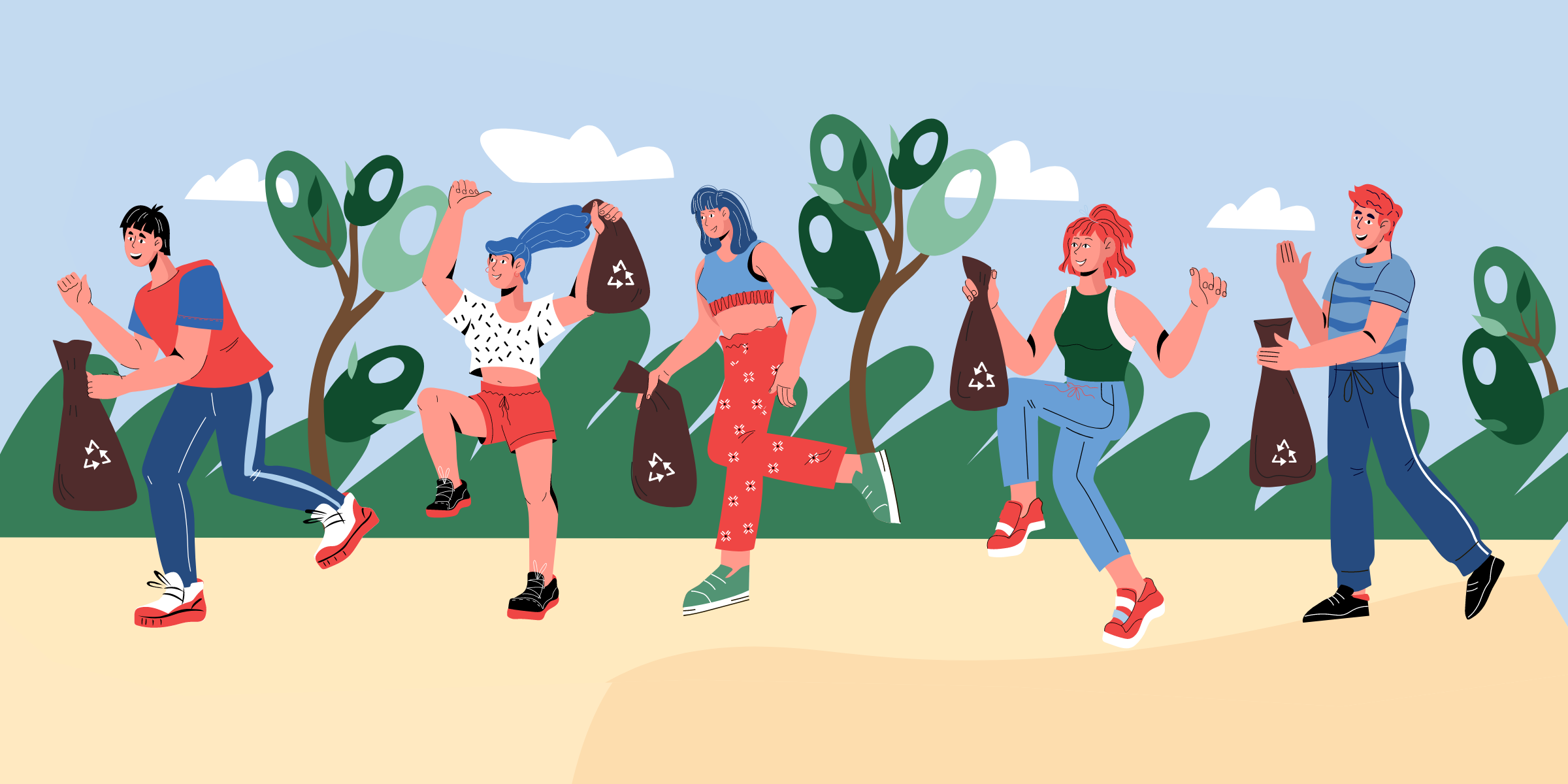 Animation of people dancing in a park cleaning trash