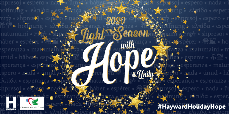 A dark blue background with gold stars and the text "Light up the Season with Hope and Unity"